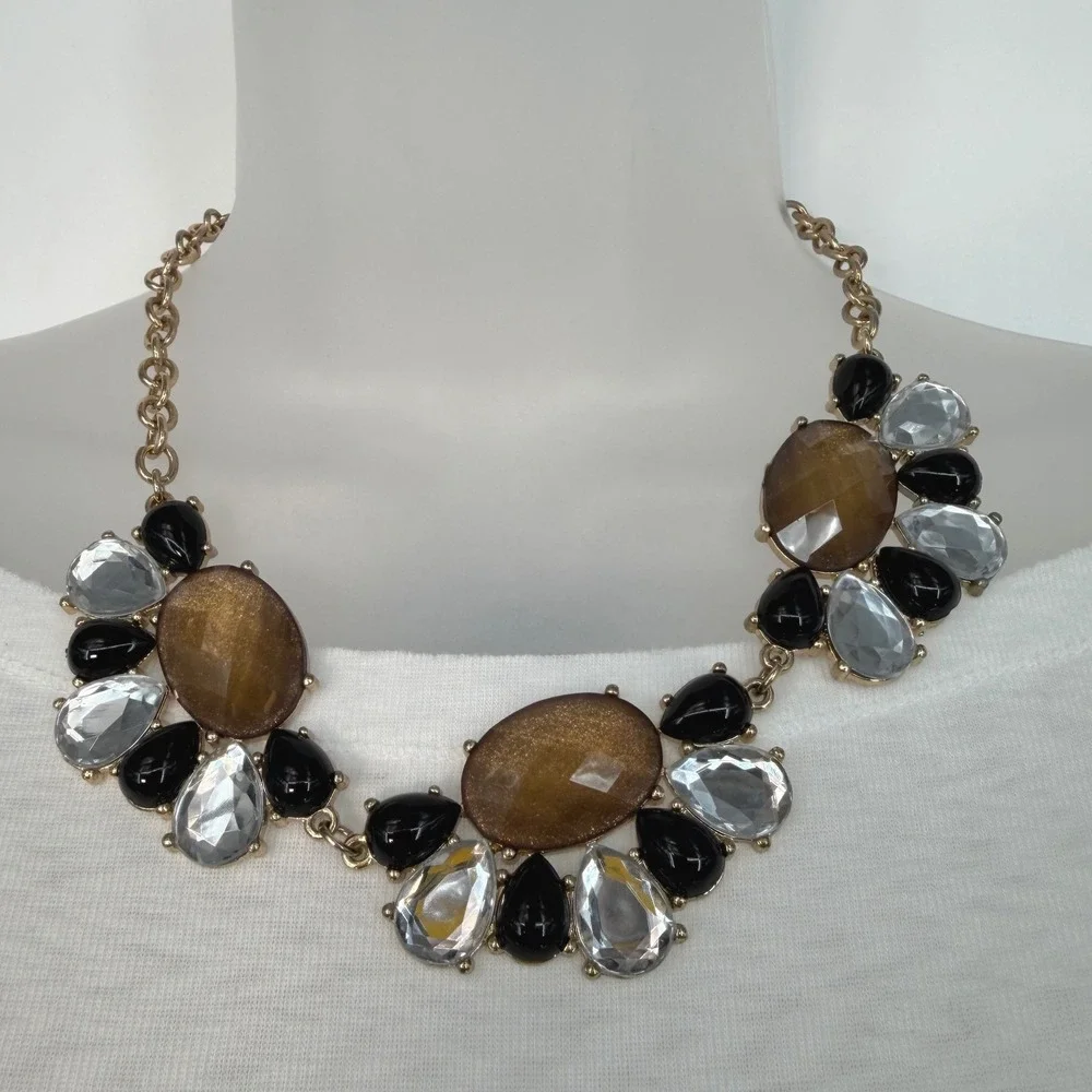 Gold Tone Statement Chunky Bib Necklace‎ Amber Black Clear Faceted Stones 103-08